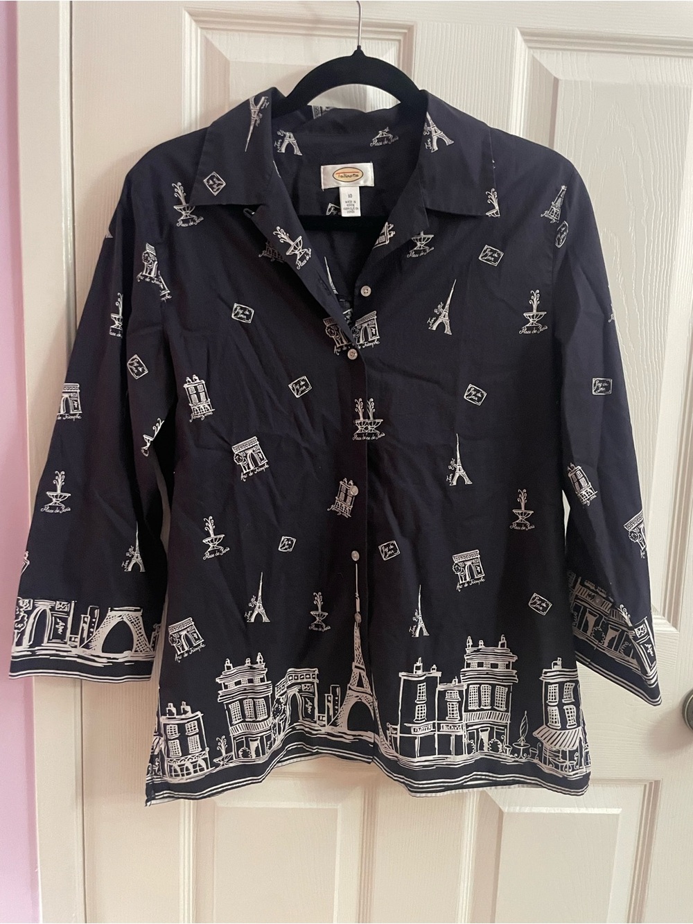 Talbots Navy Button-Front Shirt with White Paris Motif